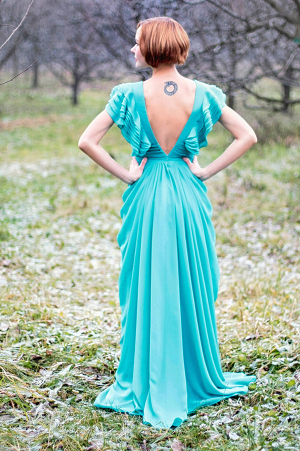 A-line Deep V-neck Floor Length Chiffon Backless Prom Dress-Ballbella