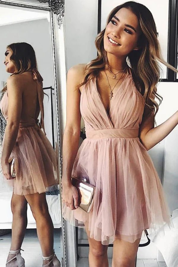 A Line Deep V Neck Pink Tulle Short Homecoming Dress-Ballbella