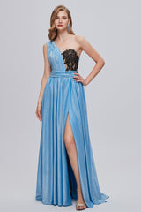 A-line Floor Length One shoulder Applique Sleeveless High Split Open Back Prom Dress-Ballbella