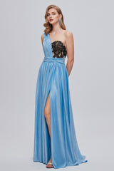 A-line Floor Length One shoulder Applique Sleeveless High Split Open Back Prom Dress-Ballbella