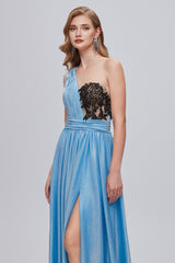 A-line Floor Length One shoulder Applique Sleeveless High Split Open Back Prom Dress-Ballbella