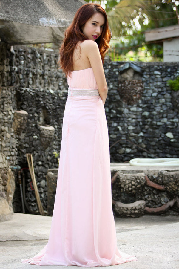 A-line Halter Floor Length Chiffon Beading Backless Prom Dress-Ballbella