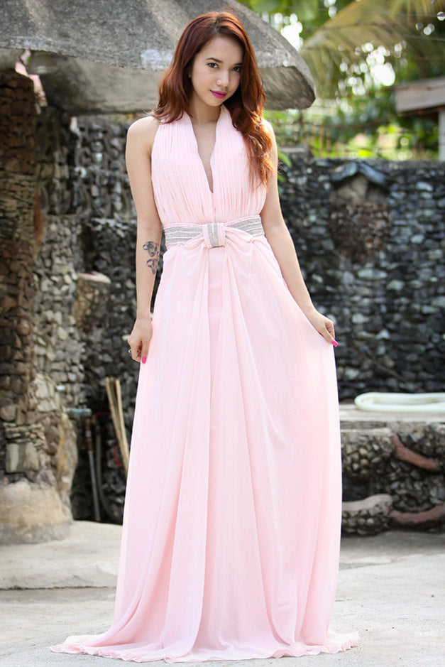 A-line Halter Floor Length Chiffon Beading Backless Prom Dress-Ballbella