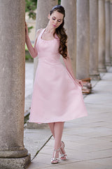 A-line Halter Round Collar Tea Length Chiffon Sleeveless Bridesmaid Dress-Ballbella