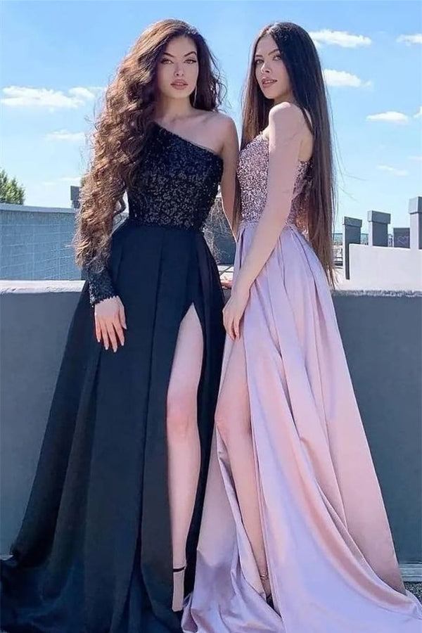 A-line High Split One Shoulder Asymmetrical Sequined Floor-length Prom Dress-Ballbella