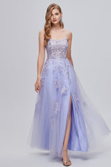 A-line High Split Spaghetti strap Applique Ankle Length Sleeveless Lace Prom Dresses-Ballbella