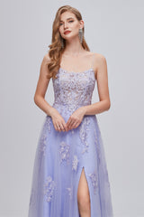 A-line High Split Spaghetti strap Applique Ankle Length Sleeveless Lace Prom Dresses-Ballbella