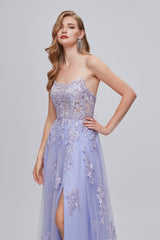 A-line High Split Spaghetti strap Applique Ankle Length Sleeveless Lace Prom Dresses-Ballbella