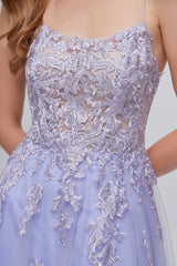 A-line High Split Spaghetti strap Applique Ankle Length Sleeveless Lace Prom Dresses-Ballbella