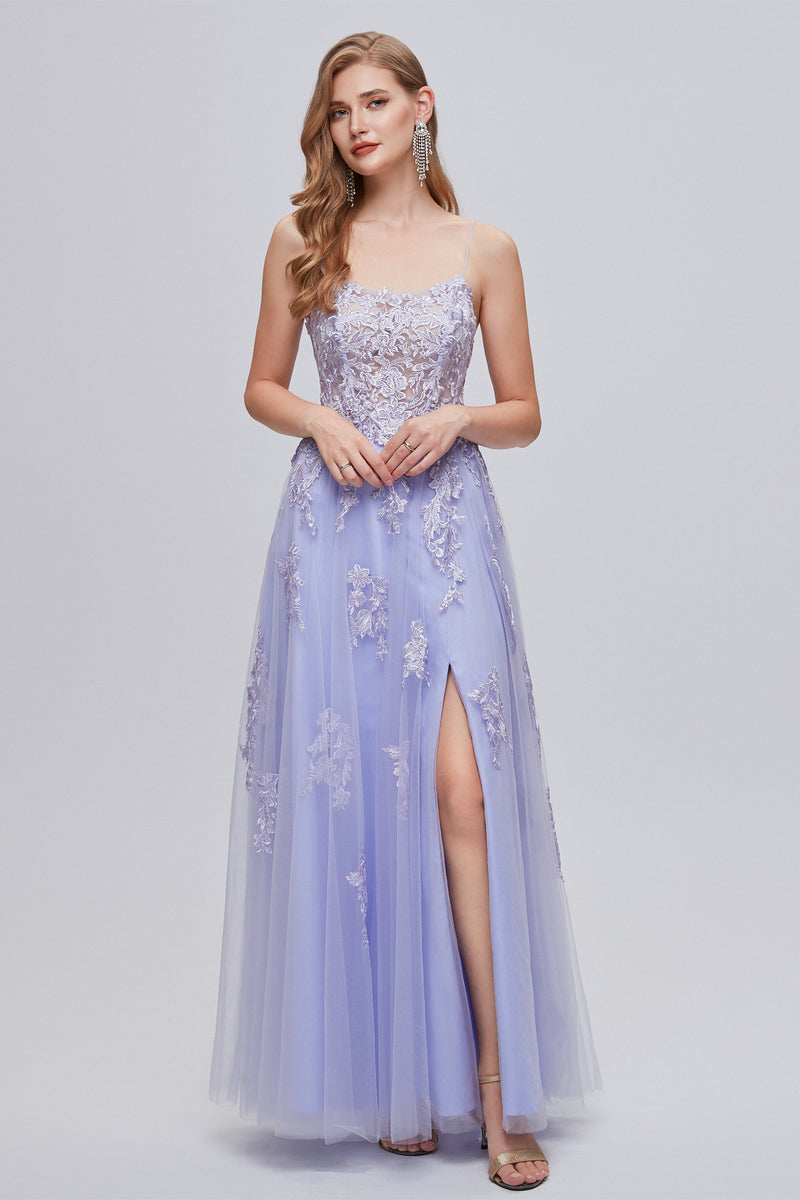 A-line High Split Spaghetti strap Applique Ankle Length Sleeveless Lace Prom Dresses-Ballbella