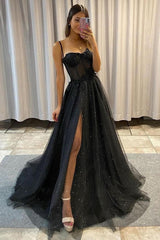 A-line High Split Spaghetti strap Sweetheart Sequined Sleeveless Lace Applique Prom Dress-Ballbella