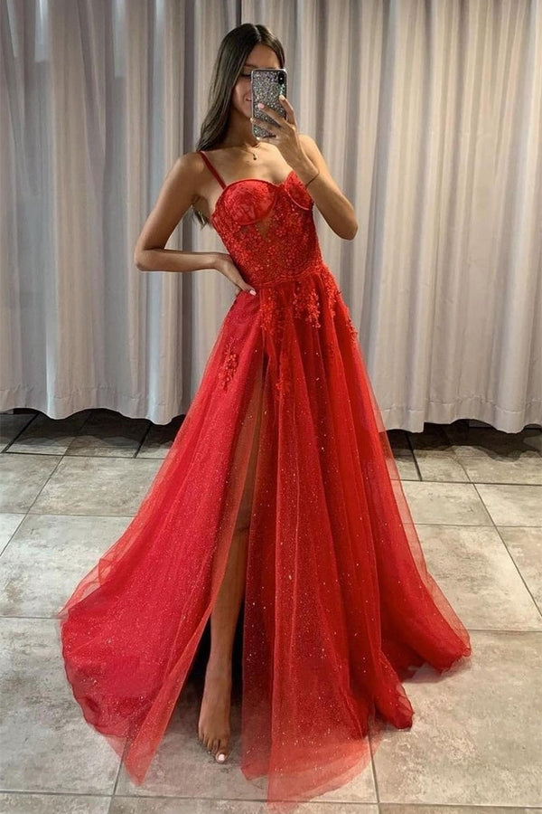 A-line High Split Spaghetti strap Sweetheart Sequined Sleeveless Lace Applique Prom Dress-Ballbella