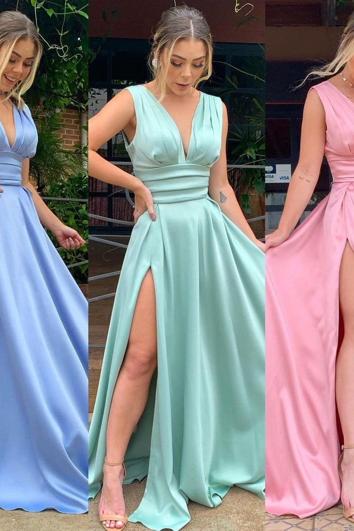 A-line High Split Strap V-neck Sleeveless Floor-length Prom Dress-Ballbella