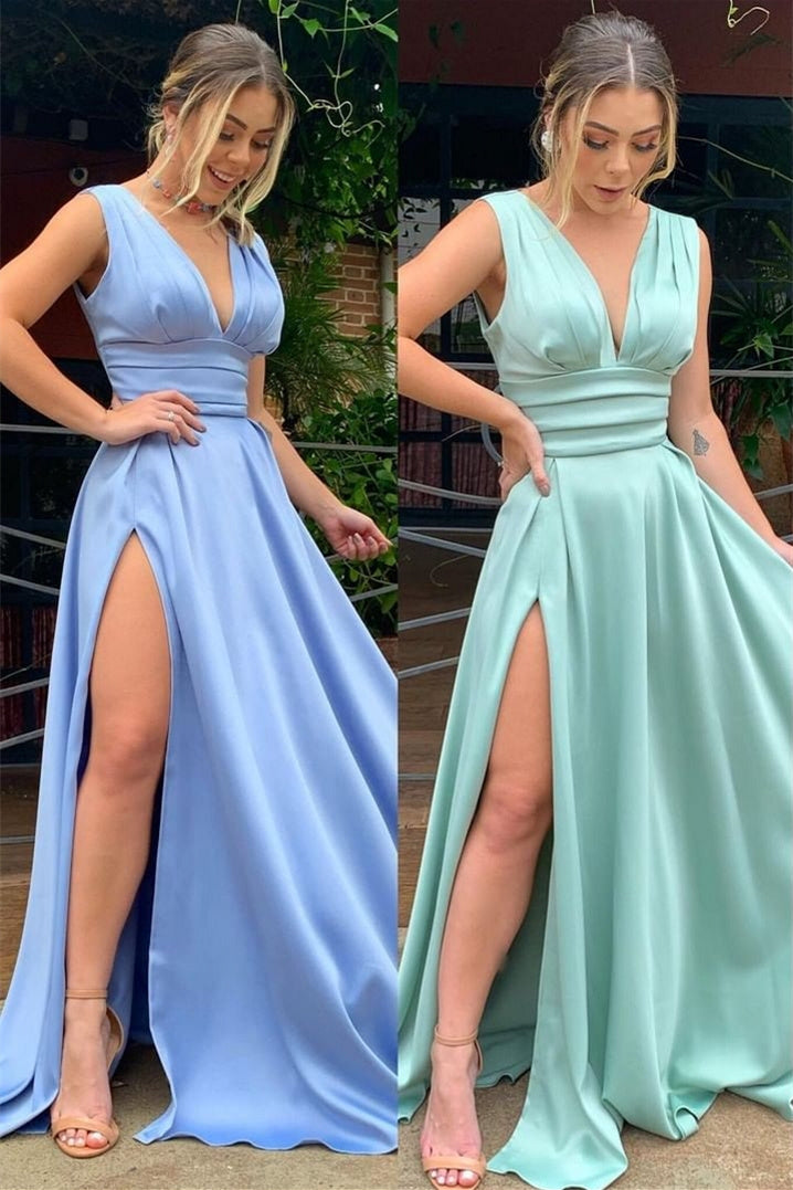 A-line High Split Strap V-neck Sleeveless Floor-length Prom Dress-Ballbella