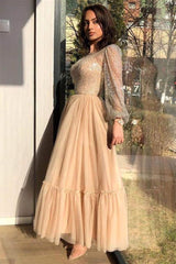 A-line Jewel Ankle Length Multiple Layers Long Sleeve Sequined Prom Dress-Ballbella