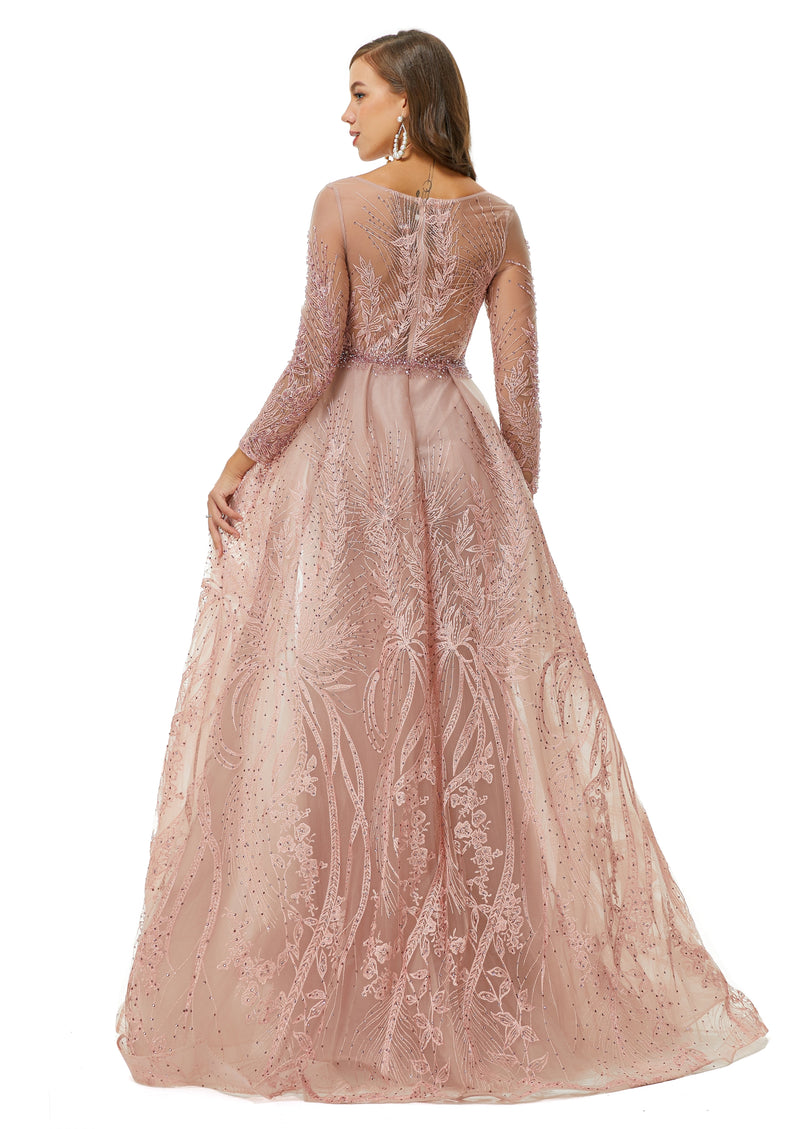 A-line Jewel Floor-length Long Sleeve Appliques Lace Sequined Prom Dress-Ballbella