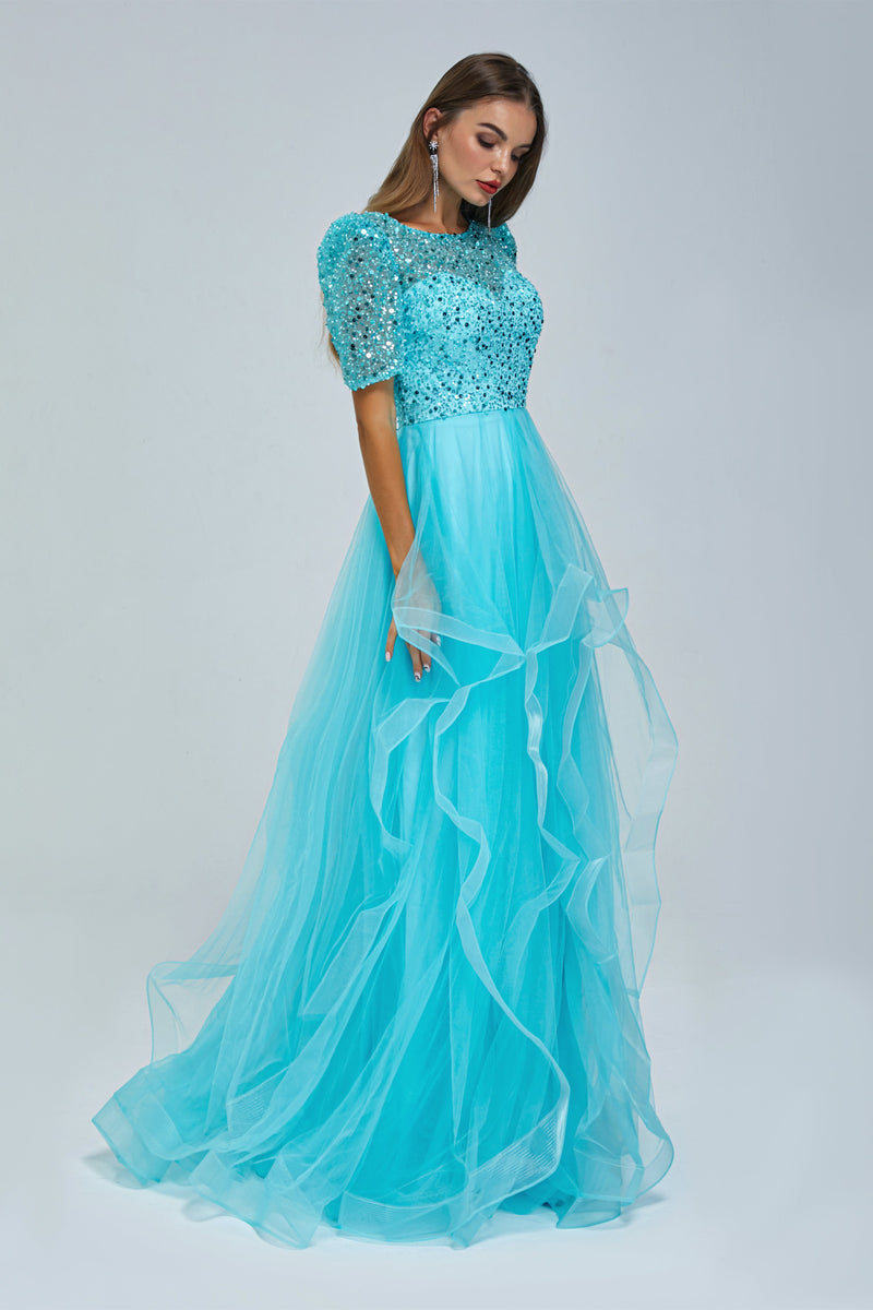 A-line Jewel half sleeves Floor-length Backless Beaded Tulle Beautiful Prom Dress-Ballbella