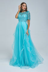 A-line Jewel half sleeves Floor-length Backless Beaded Tulle Beautiful Prom Dress-Ballbella