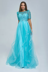 A-line Jewel half sleeves Floor-length Backless Beaded Tulle Beautiful Prom Dress-Ballbella