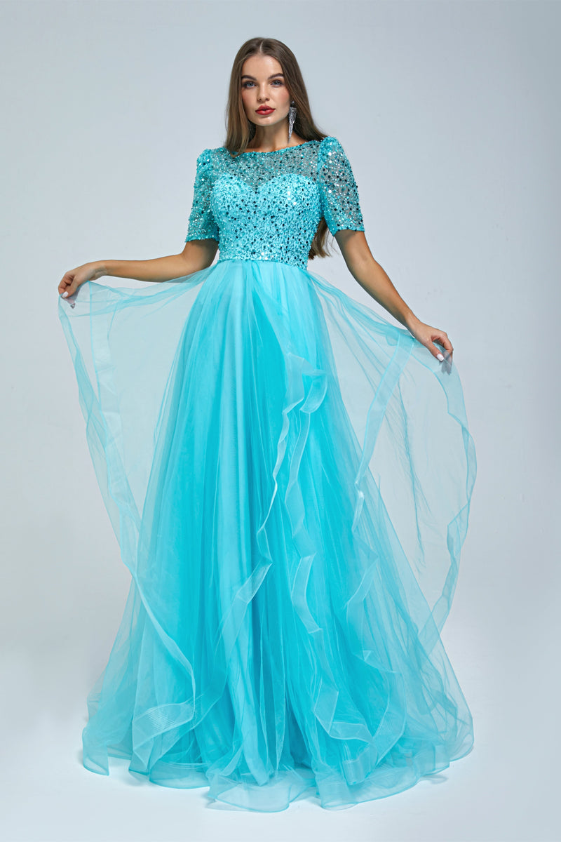 A-line Jewel half sleeves Floor-length Backless Beaded Tulle Beautiful Prom Dress-Ballbella