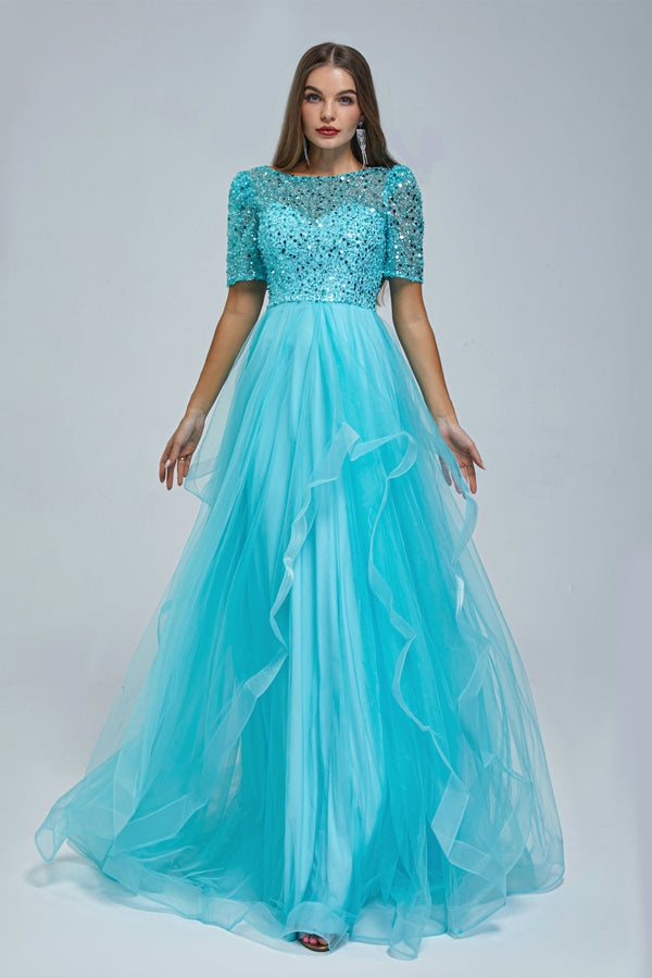 A-line Jewel half sleeves Floor-length Backless Beaded Tulle Beautiful Prom Dress-Ballbella