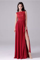 A-Line Jewel Lace Floor Length Sleeveless Backless High slit mother's dress-Ballbella