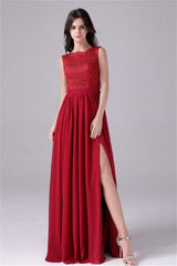 A-Line Jewel Lace Floor Length Sleeveless Backless High slit mother's dress-Ballbella