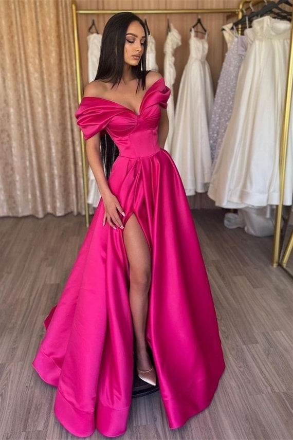 A-line Off-the-shoulder V-neck High Split Floor-length Sleeveless Prom Dress-Ballbella