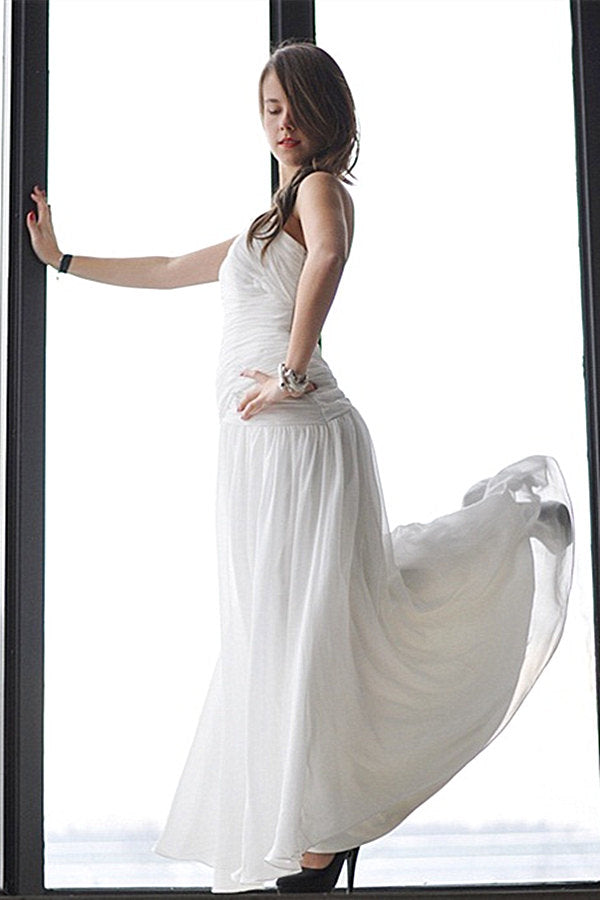 A-line One-shoulder Floor Length Chiffon Backless Wedding Dress-Ballbella