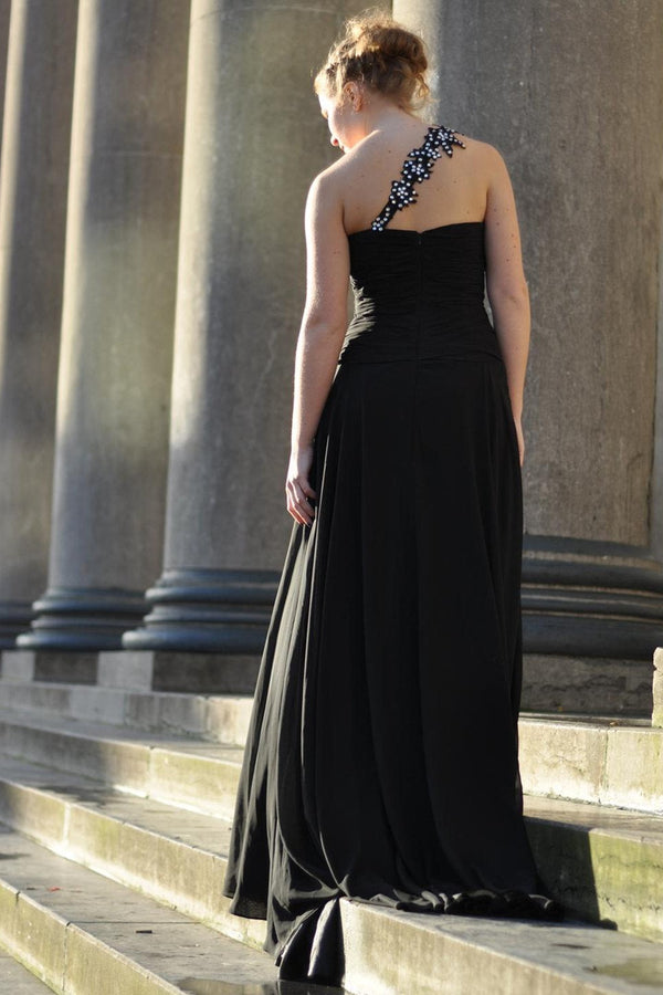 A-line One-shoulder Floor Length Chiffon Front Slit Rhinestone Prom Dress-Ballbella