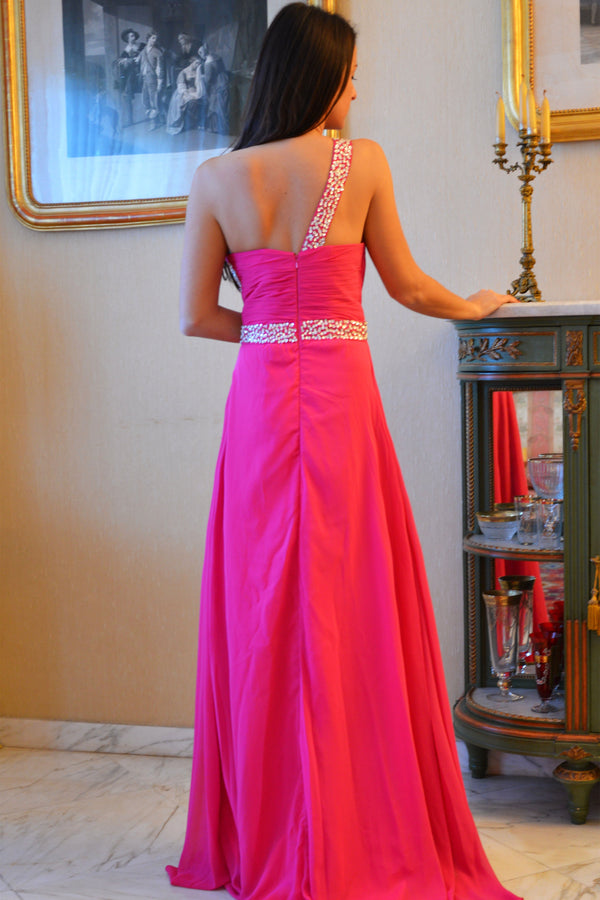 A-line One-shoulder Floor Length Chiffon Rhinestone Prom Dress-Ballbella