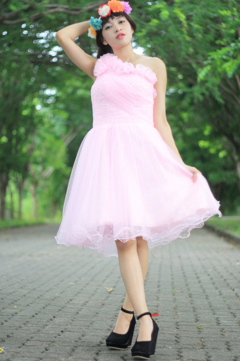 A-line One-shoulder Knee Length Tulle Handmade Flower Homecoming Dress-Ballbella