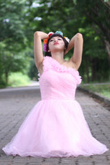 A-line One-shoulder Knee Length Tulle Handmade Flower Homecoming Dress-Ballbella