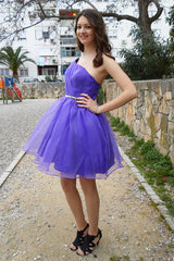 A-line One-shoulder Knee Length Tulle Rhinestone Backless Prom Dress-Ballbella