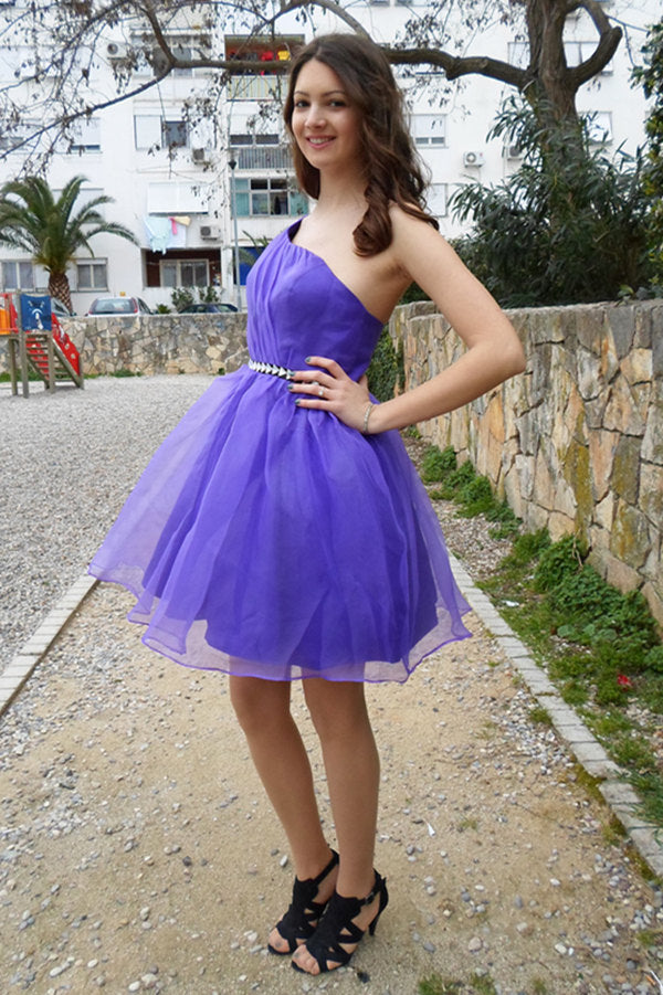 A-line One-shoulder Knee Length Tulle Rhinestone Backless Prom Dress-Ballbella