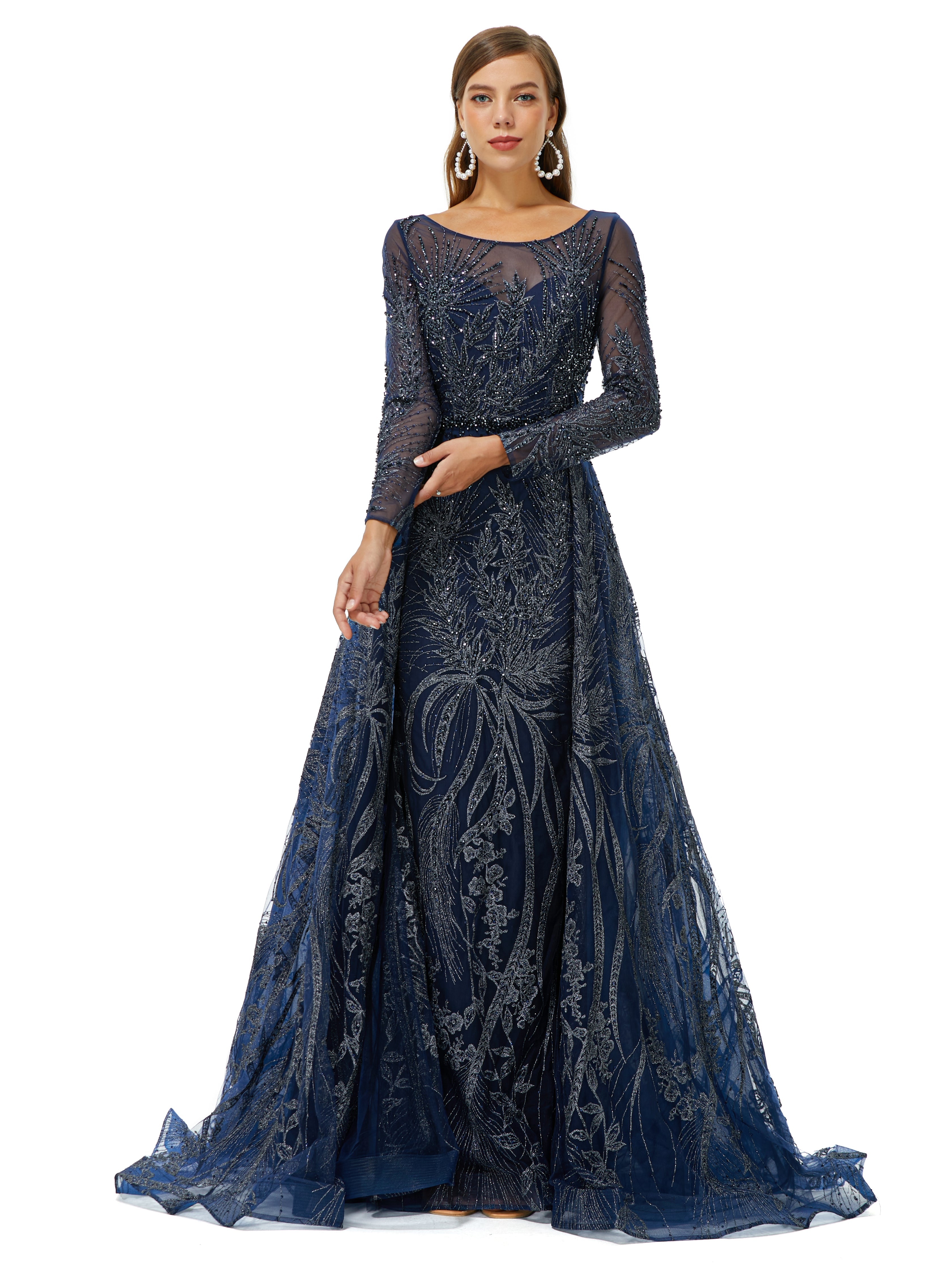 A-line Round Floor-length Long Sleeve Appliques Lace Beaded Prom Dress ...