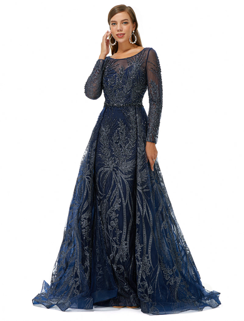 A-line Round Floor-length Long Sleeve Appliques Lace Beaded Prom Dress ...