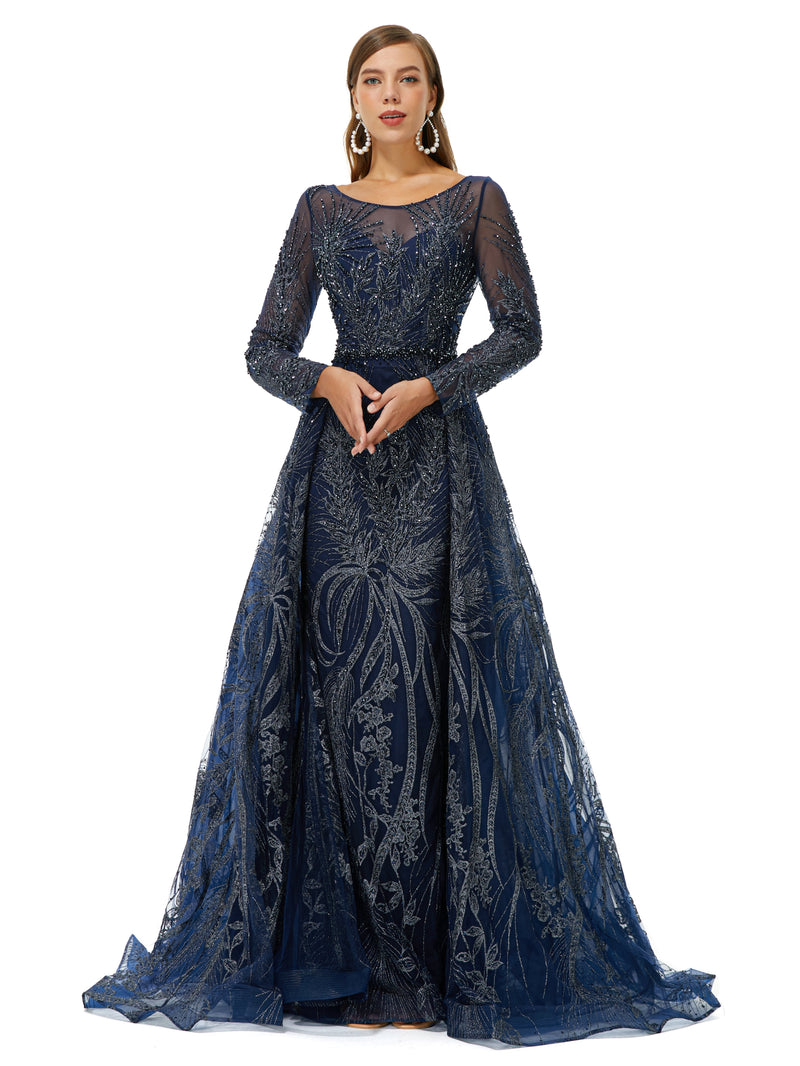 A-line Round Floor-length Long Sleeve Appliques Lace Beaded Prom Dress-Ballbella