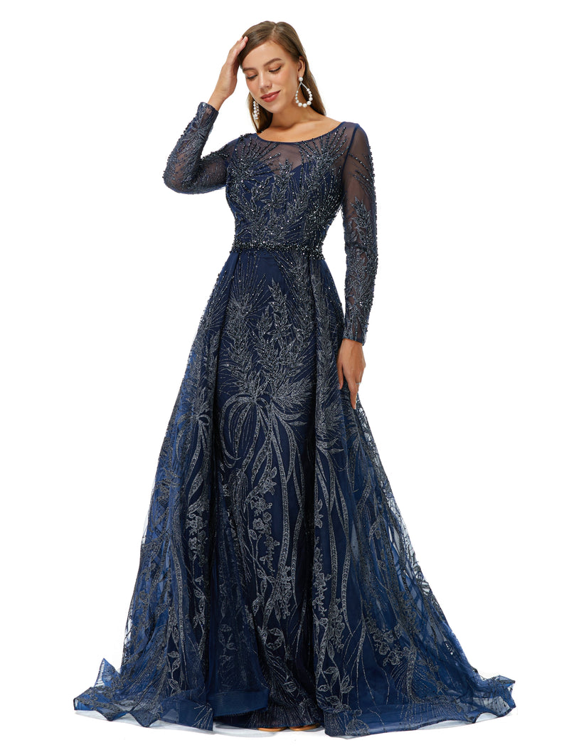 A-line Round Floor-length Long Sleeve Appliques Lace Beaded Prom Dress-Ballbella