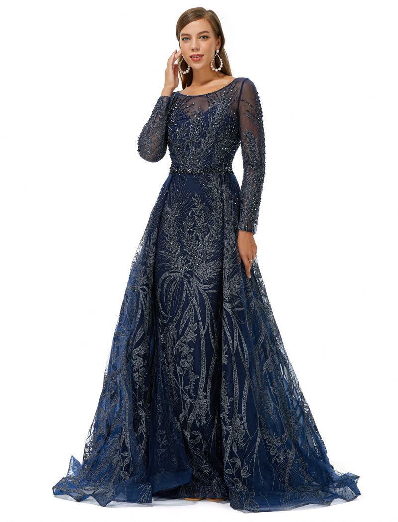 A-line Round Floor-length Long Sleeve Appliques Lace Beaded Prom Dress-Ballbella