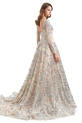 A-line Round Lace Sequined Floor-length Long Sleeve Open Back Prom Dress-Ballbella