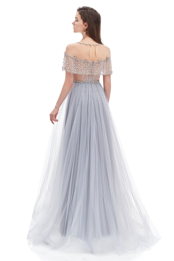 A-line Round Sequined Floor-length Cap Sleeve Open Back Appliques Lace Prom Dress-Ballbella