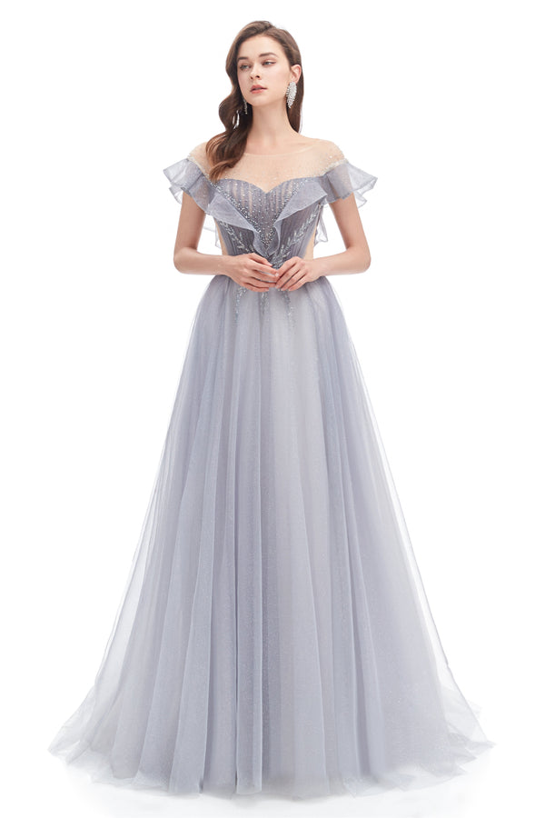 A-line Round Sequined Floor-length Cap Sleeve Open Back Appliques Lace Prom Dress-Ballbella