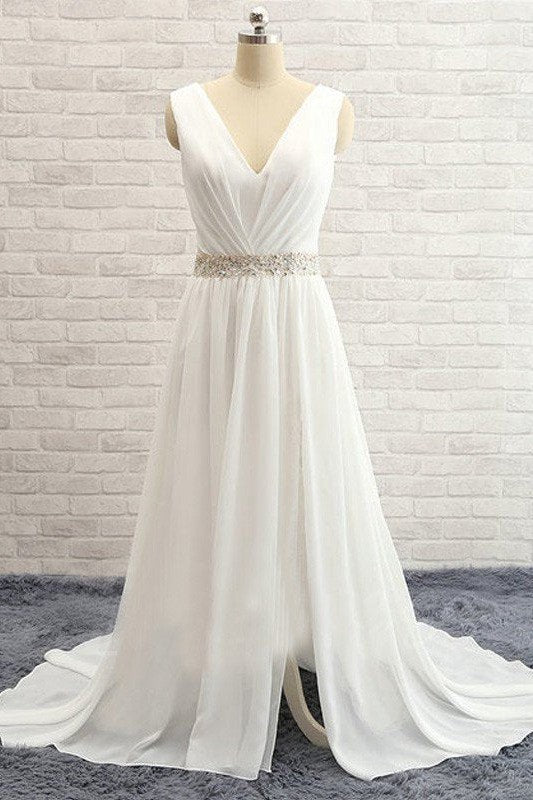 A Line Sleeveless V neck Sweep Train Chiffon Beading Wedding Dresses-Ballbella