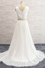 A Line Sleeveless V neck Sweep Train Chiffon Beading Wedding Dresses-Ballbella