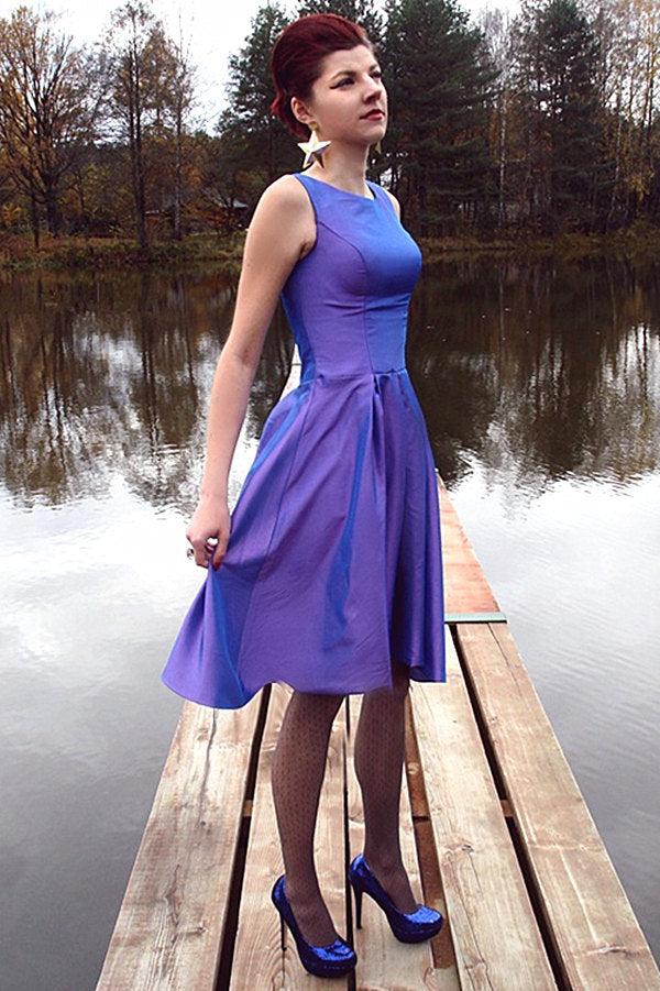 A-line Small Round Collar Knee Length Charmuse Bridesmaid Dress-Ballbella