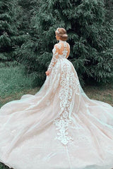 A-line Small Round Collar Long Train Tulle Beading Paillette Wedding Dress-Ballbella