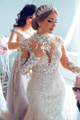 A-line Small Round Collar Long Train Tulle Beading Paillette Wedding Dress-Ballbella