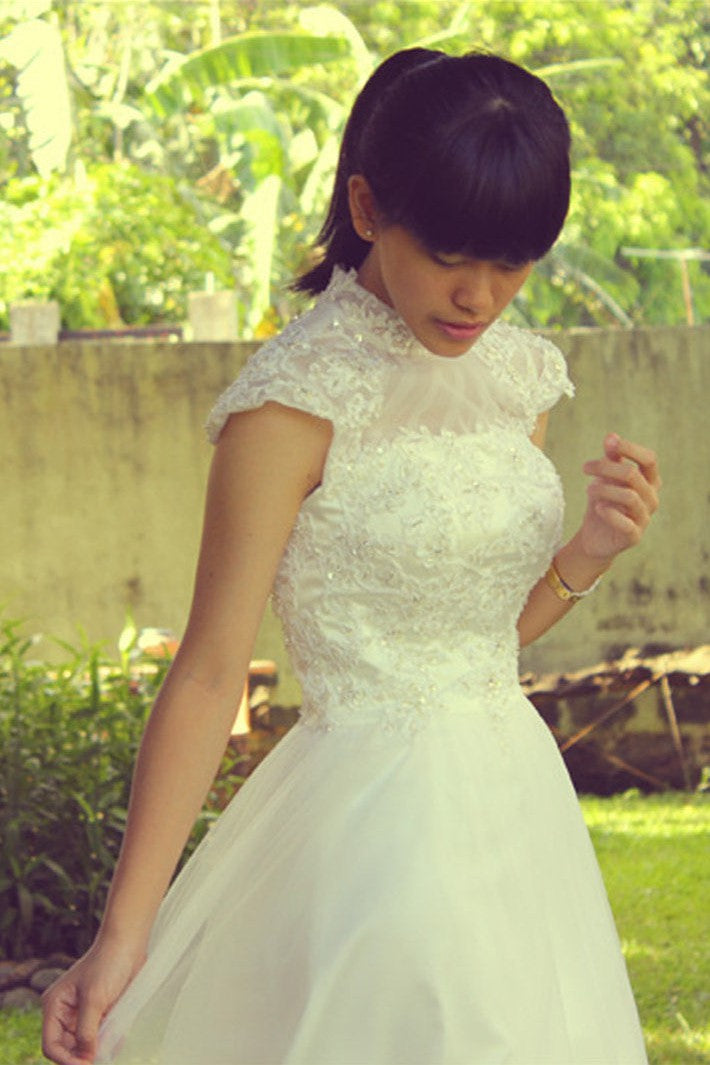 A-line Small Round Collar Tea Length Short Sleeves Tulle Applique Lace Wedding Dress-Ballbella