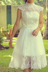 A-line Small Round Collar Tea Length Short Sleeves Tulle Applique Lace Wedding Dress-Ballbella